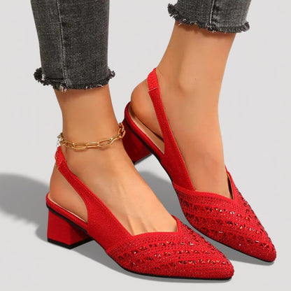 Momount Damskie Czółenka Slingback – Cyrkonie Szpiczasty Nosek Niski Słupek Brokat