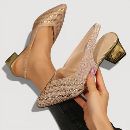 Momount Damskie Czółenka Slingback – Cyrkonie Szpiczasty Nosek Niski Słupek Brokat