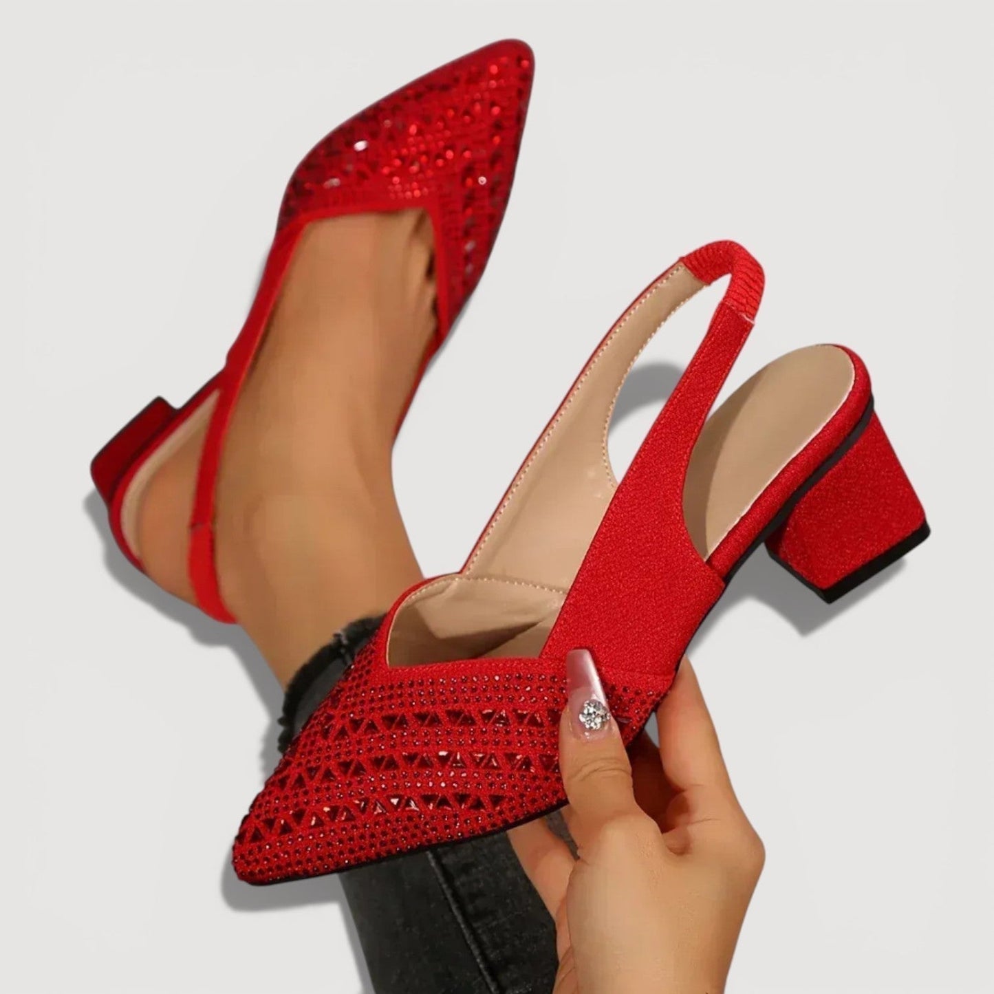 Momount Damskie Czółenka Slingback – Cyrkonie Szpiczasty Nosek Niski Słupek Brokat