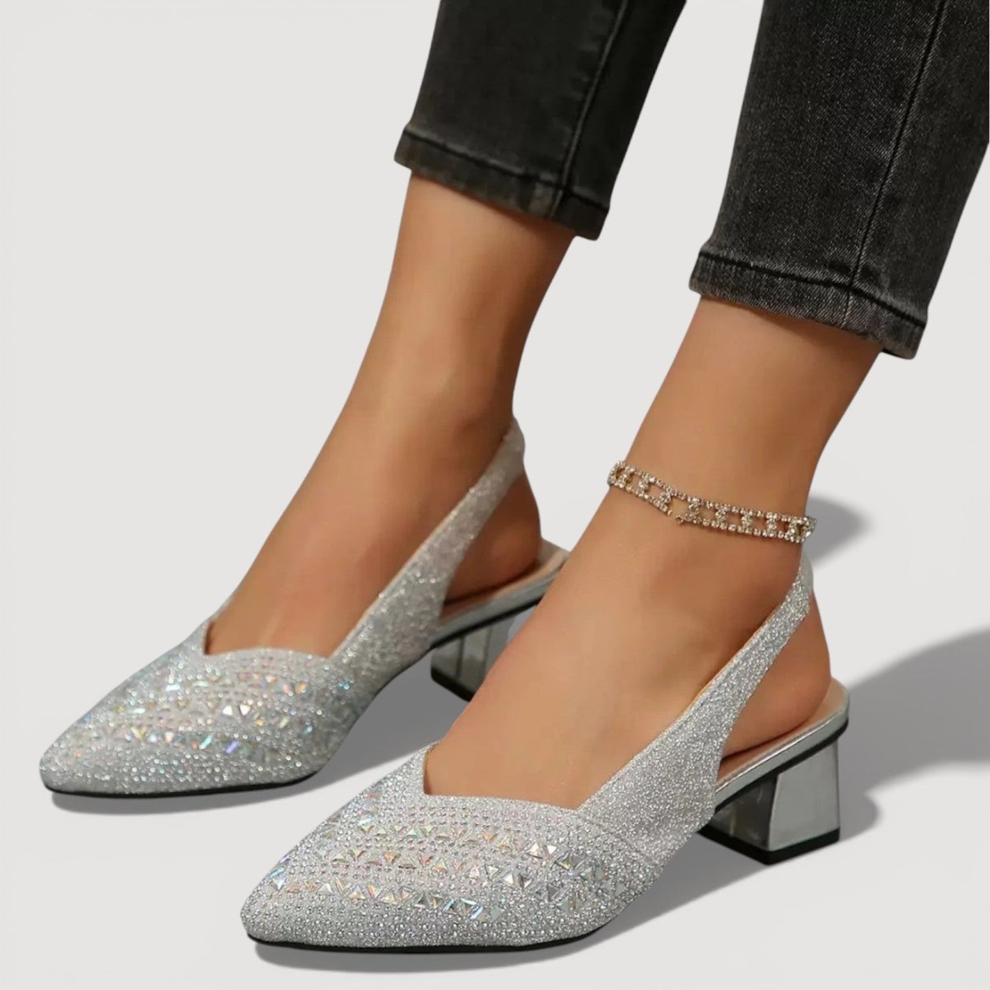 Momount Damskie Czółenka Slingback – Cyrkonie Szpiczasty Nosek Niski Słupek Brokat