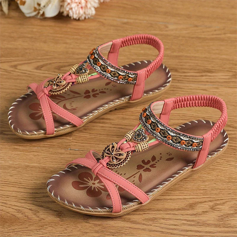 Sandały Slingback Damskie – Turkusowe Boho z Koralikami Płaskie