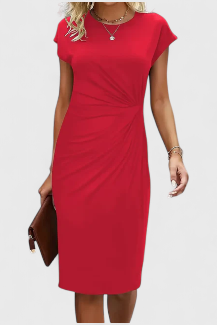 Katrina Draped Midi Dress | Round Neck, Fitted, Timeless