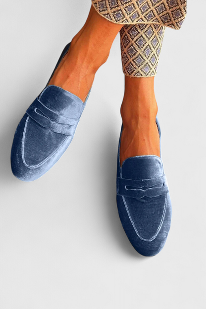 Mokasyny damskie aksamitne – penny loafers, okrągły nosek, wsuwane
