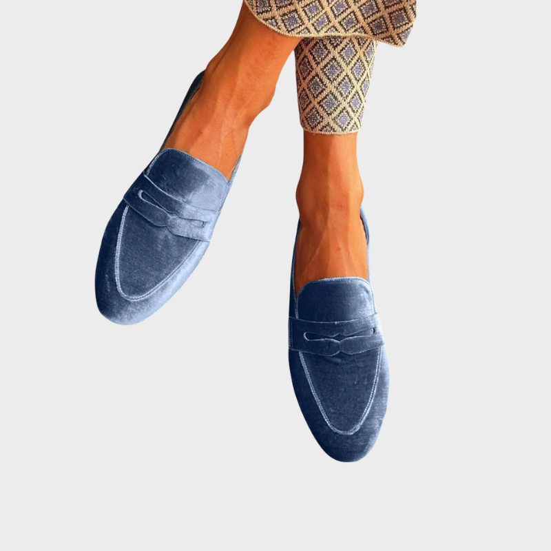 Mokasyny damskie aksamitne – penny loafers, okrągły nosek, wsuwane