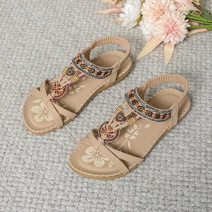Sandały Slingback Damskie – Turkusowe Boho z Koralikami Płaskie