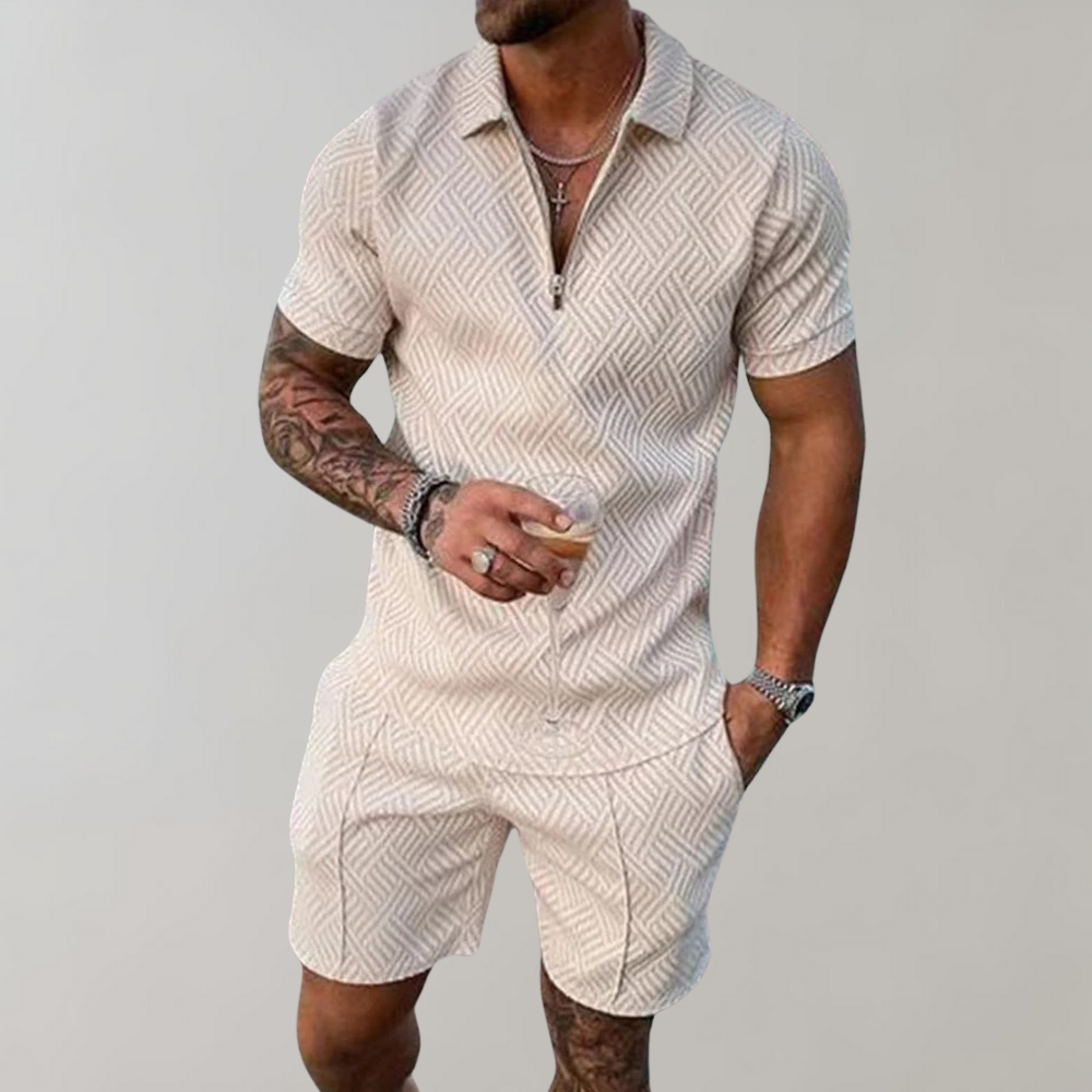 Momount Men Two Piece Set – Half Zip Polo Shorts Jacquard Summer