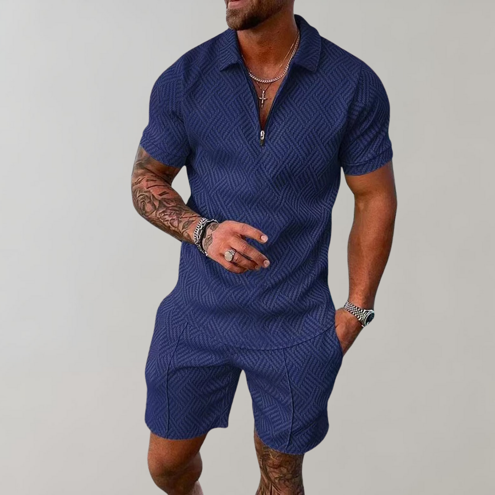 Momount Men Two Piece Set – Half Zip Polo Shorts Jacquard Summer