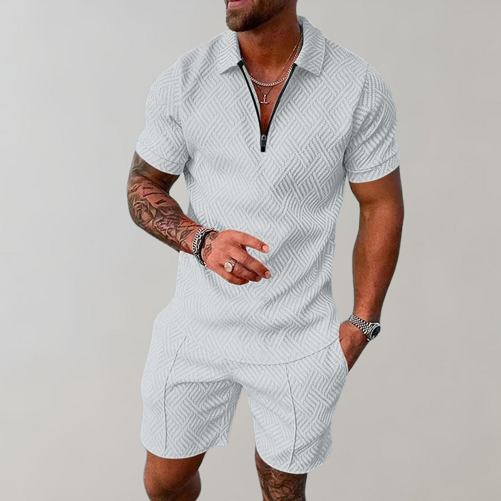 Momount Men Two Piece Set – Half Zip Polo Shorts Jacquard Summer