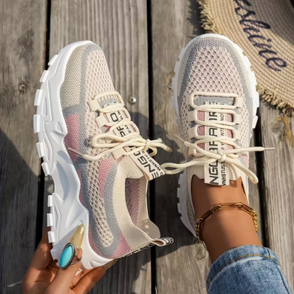 Sneakersy damskie na platformie – siateczka, sznurowane, dad-style