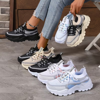 Sneakersy damskie na platformie – siateczka, sznurowane, dad-style