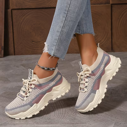 Sneakersy damskie na platformie – siateczka, sznurowane, dad-style