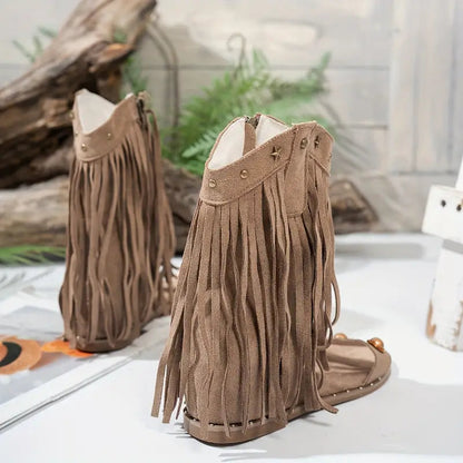 Momount Damskie Sandały Gladiatorki z Frędzlami – Zamsz Ćwieki Boczny Zamek Boho