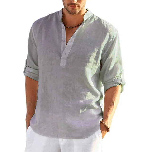 Momount Men Linen Henley Shirt – Long Sleeve Roll Tab Sleeve Casual
