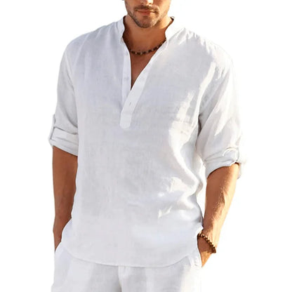 Momount Men Linen Henley Shirt – Long Sleeve Roll Tab Sleeve Casual