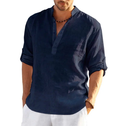 Momount Men Linen Henley Shirt – Long Sleeve Roll Tab Sleeve Casual
