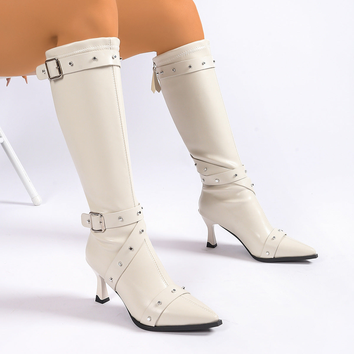 Women's Knee High Boots – Kitten Heel Pointed Toe Buckle Straps