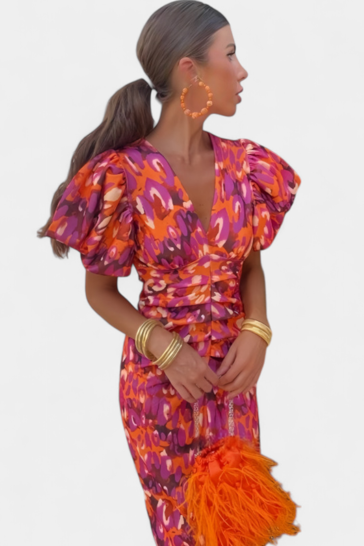 Mira Bold Print Dress | Puff Sleeves, Ruched Waist