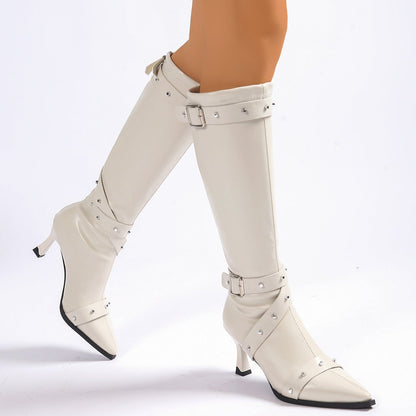 Women's Knee High Boots – Kitten Heel Pointed Toe Buckle Straps