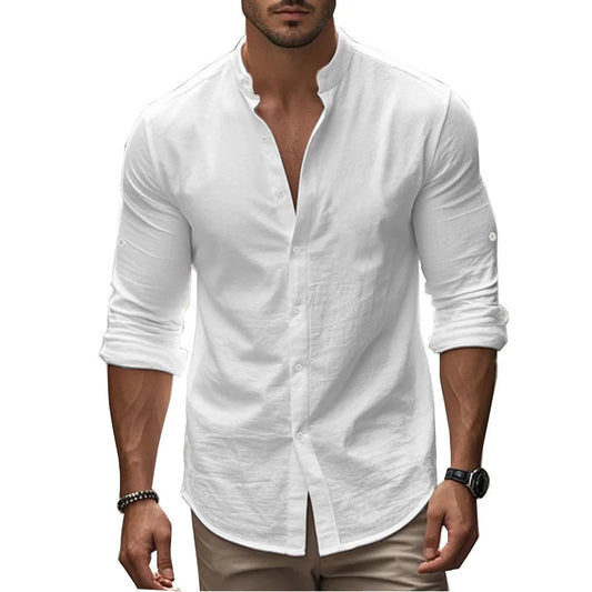 Momount Men Linen Shirt – Long Sleeve Slim Fit Band Collar Classic