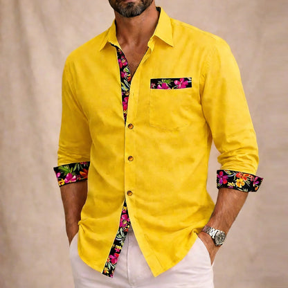 Momount Men Linen Shirt – Long Sleeve Floral Contrast Trim Hawaiian Casual