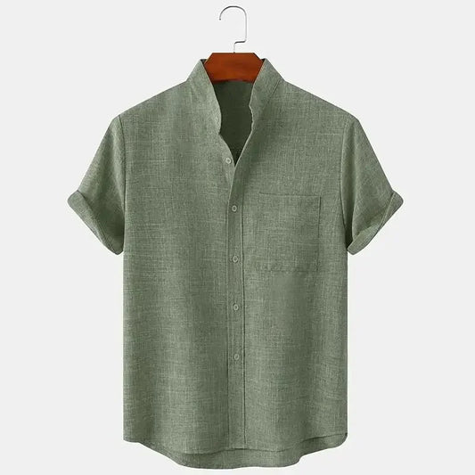 Momount Men Linen Shirt – Short Sleeve Band Collar Chest Pocket Summer