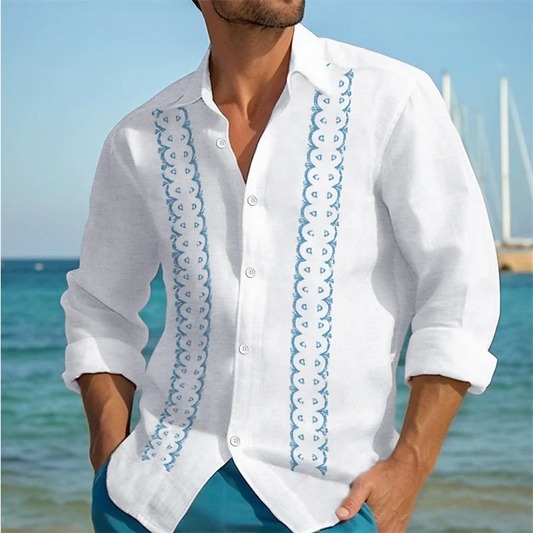 Momount Men Guayabera Linen Shirt – Long Sleeve Embroidered Panels Beach