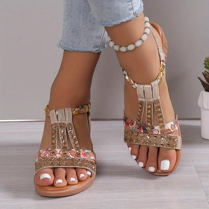 Sandały na Koturnie Damskie – Fuksja Kwiatowe z Cyrkoniami Boho