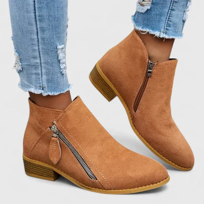Women's Ankle Boots – Side Zip Low Block Heel Round Toe