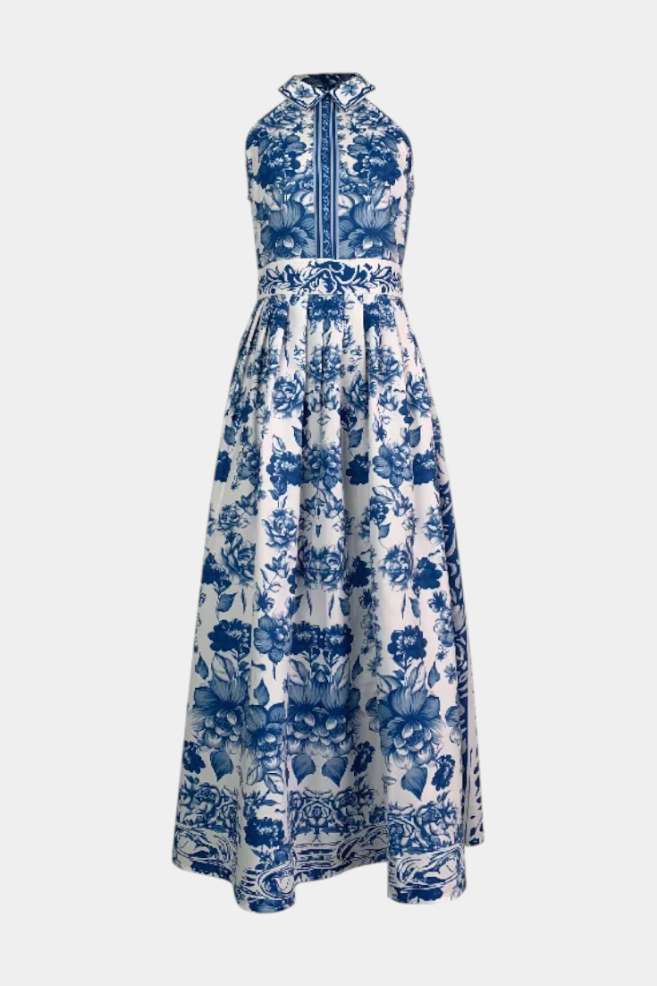 Shante Floral A-Line Dress | Lapel Collar, Sleeveless, Porcelain