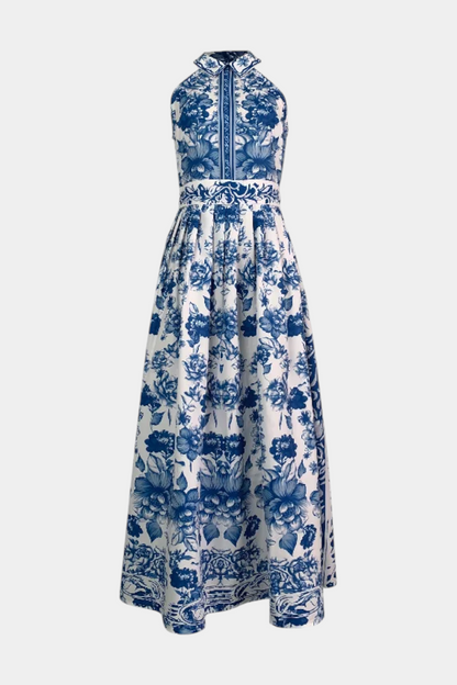 Shante Floral A-Line Dress | Lapel Collar, Sleeveless, Porcelain