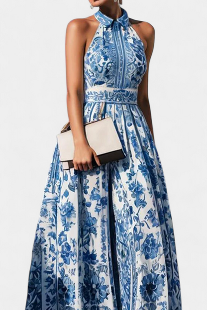 Shante Floral A-Line Dress | Lapel Collar, Sleeveless, Porcelain