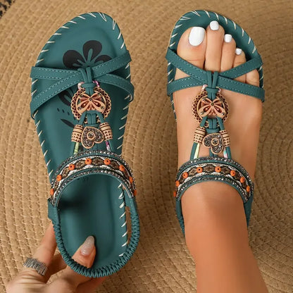 Sandały Slingback Damskie – Turkusowe Boho z Koralikami Płaskie