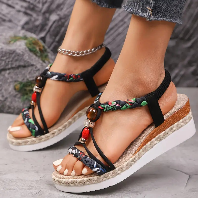 Espadryle na Koturnie Damskie – Boho Plecione z Koralikami i Cyrkoniami