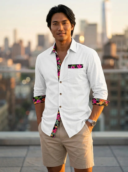 Momount Men Linen Shirt – Long Sleeve Floral Contrast Trim Hawaiian Casual - White - lifestyle_rooftop