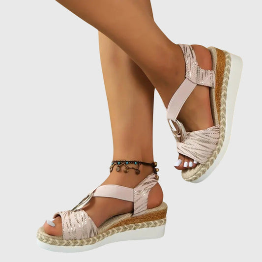 Espadryle na Koturnie Damskie – Pudrowy Róż Metaliczny Pasek