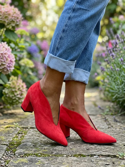 Arabelle | Suede V Cut Block Heel Pumps - Red - lifestyle_garden