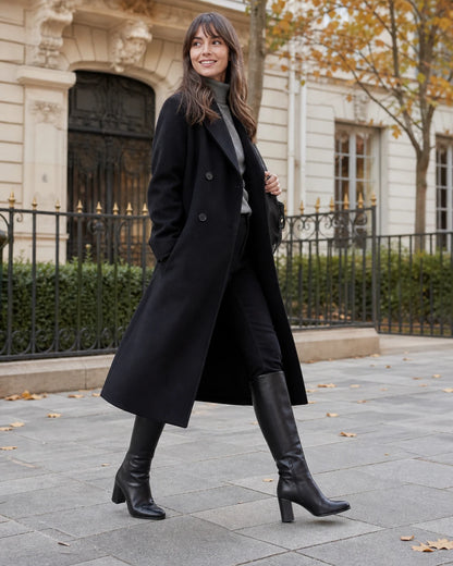 Women's black knee-high broad-heel boots, autumn city view.