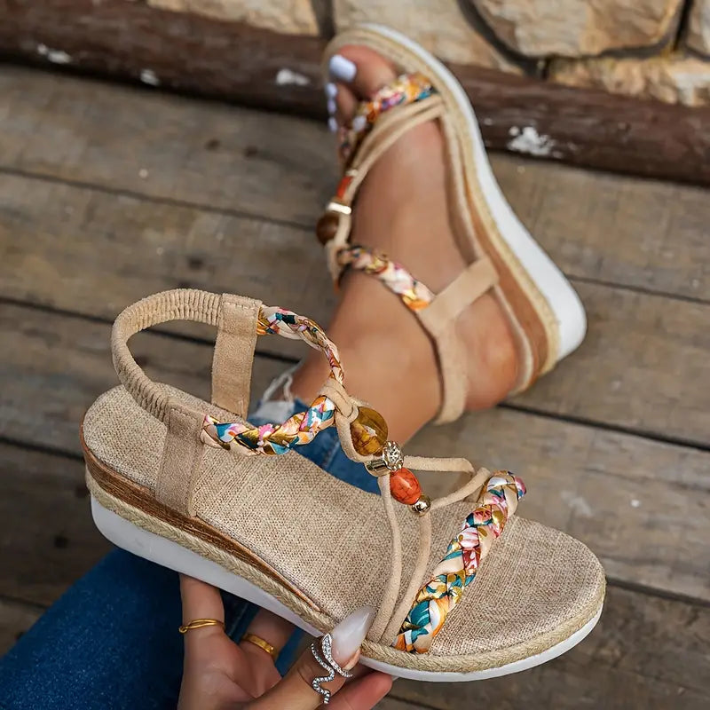 Espadryle na Koturnie Damskie – Boho Plecione z Koralikami i Cyrkoniami