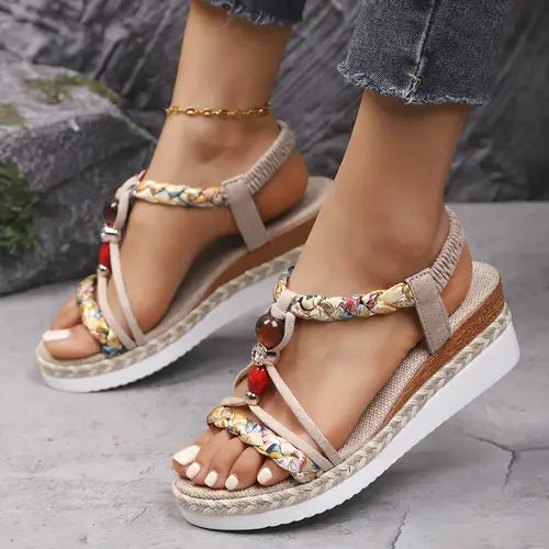 Espadryle na Koturnie Damskie – Boho Plecione z Koralikami i Cyrkoniami