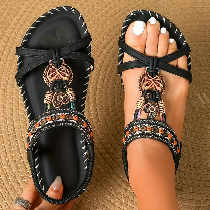 Sandały Slingback Damskie – Turkusowe Boho z Koralikami Płaskie
