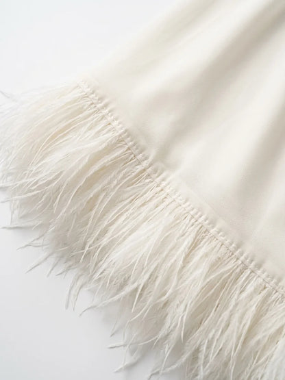 Anastasia | Elegant Feather V Neck Midi Dress - Off white - detail