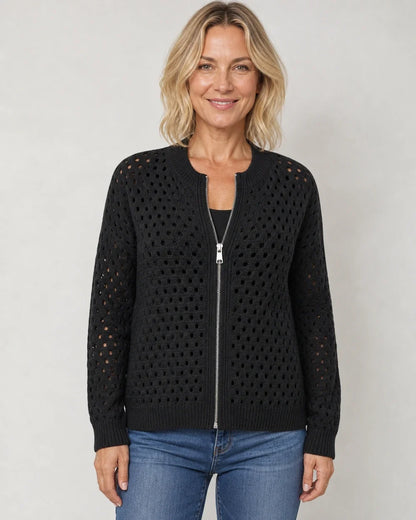 Desiree openwork zip cardigan for women, black colourway