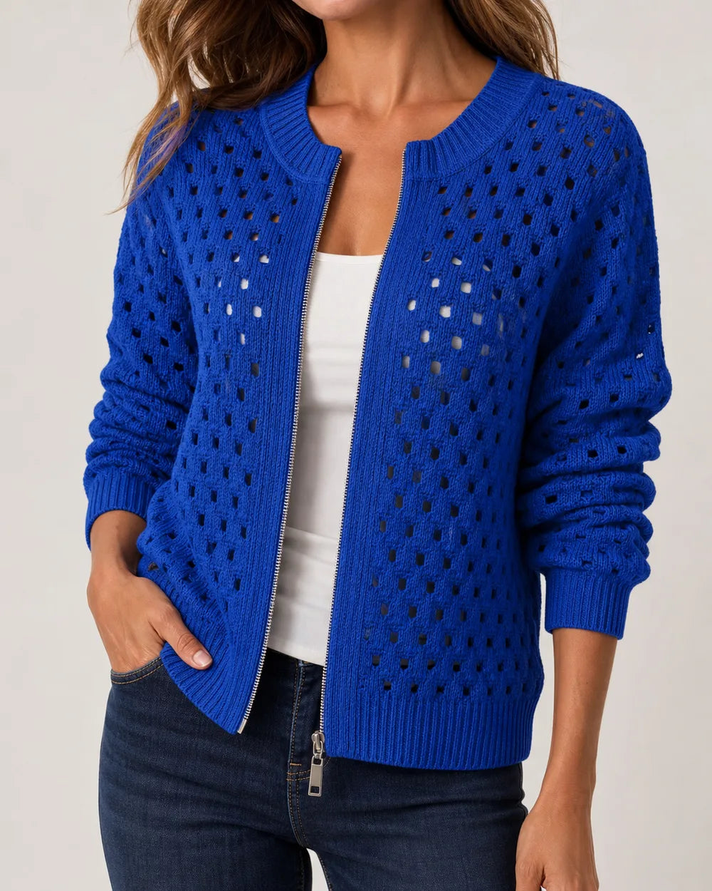 Desiree openwork zip cardigan for women, blue colourway