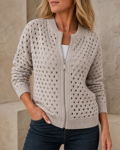 Desiree openwork zip cardigan for women, khaki taupe colourway
