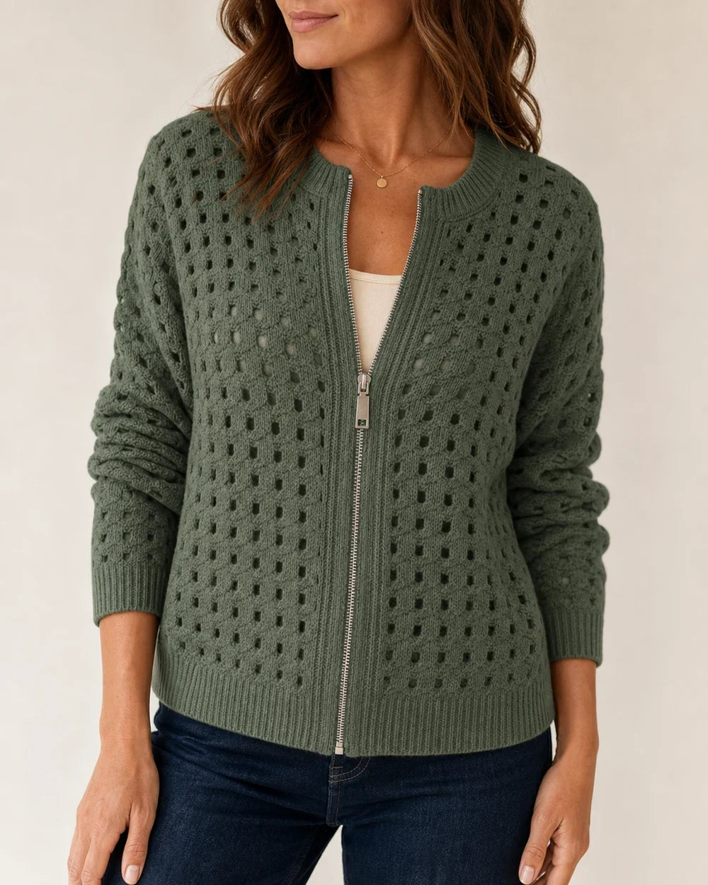Desiree openwork zip cardigan for women, green colourway