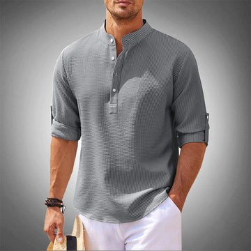 Momount Men Waffle Linen Shirt – Long Sleeve Band Collar Chest Pocket