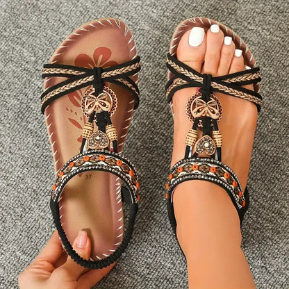 Sandały Slingback Damskie – Turkusowe Boho z Koralikami Płaskie