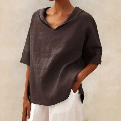Koszula lniana damska oversize – marynarski dekolt V, rękaw 3/4