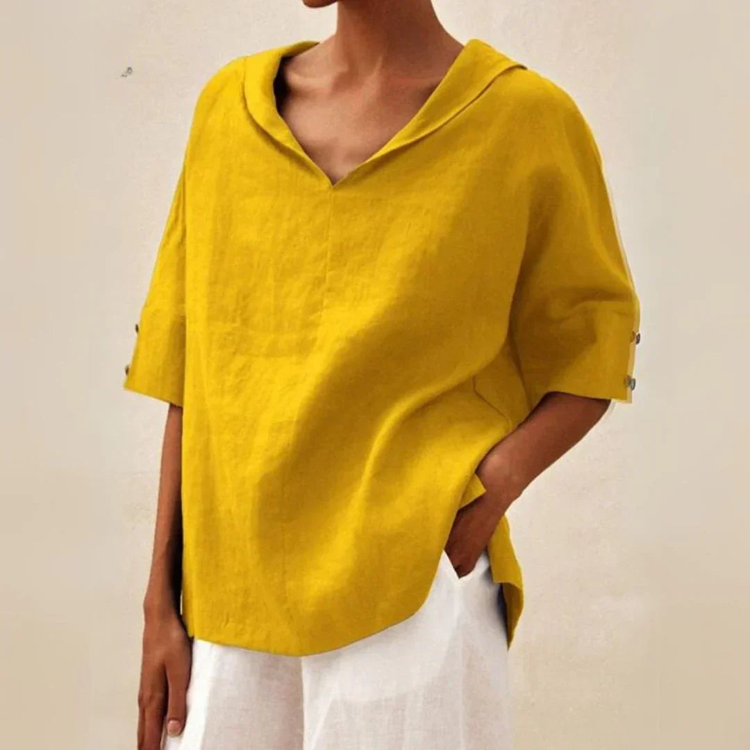 Koszula lniana damska oversize – marynarski dekolt V, rękaw 3/4