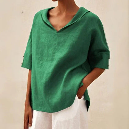 Koszula lniana damska oversize – marynarski dekolt V, rękaw 3/4